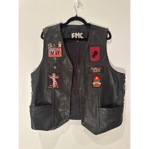 Vintage Leather Motorcycle Vest with Patches – Size 44– Biker/Veteran Style‎